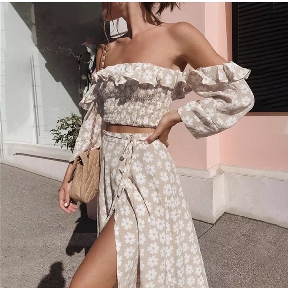 Dresses & Skirts - Boho two piece wrap skirt cropped smocked top